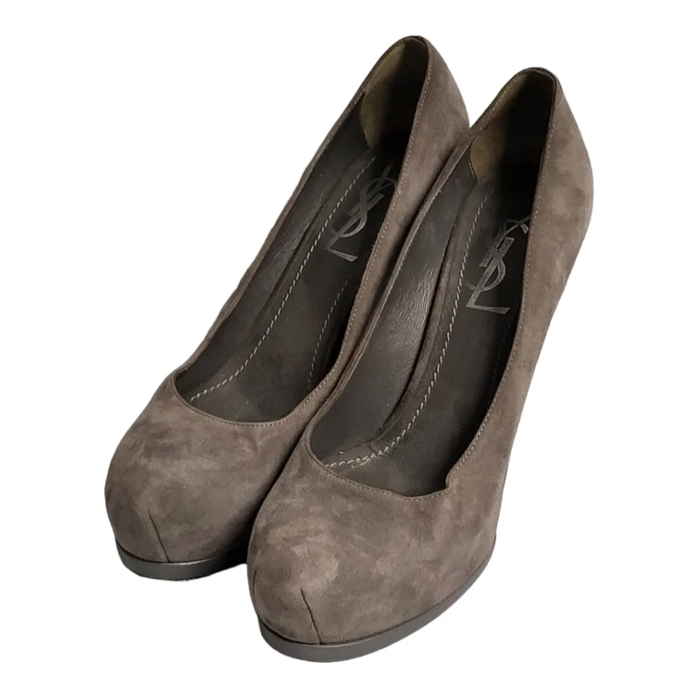 Yves Saint Laurent Womens Tribute Platform Slip On Pumps Gray Suede SZ‎ 36